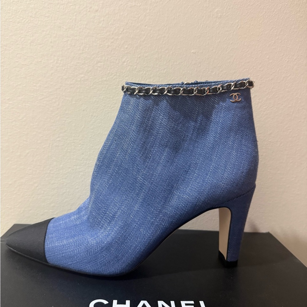 CHANEL Denim Blue Heeled Bootie with Chain Accent - Picture 2 of 9